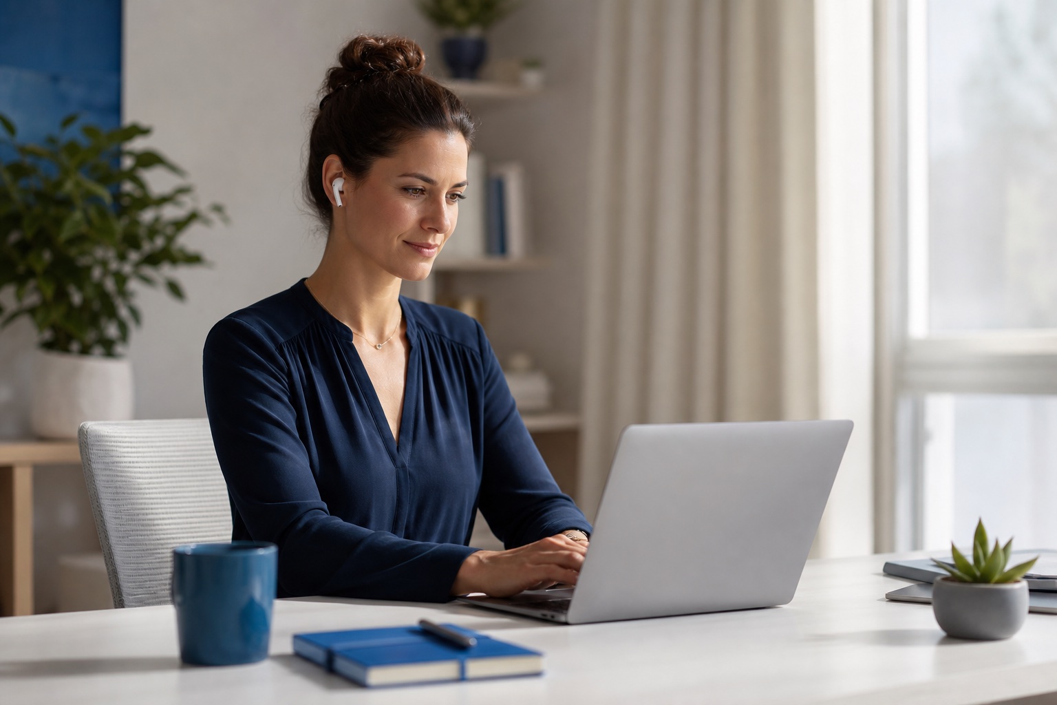 Person with upright posture working at a bright minimalist desk wearing AirPods Pro